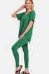 Zenana Full Size V-Neck Rolled Short Sleeve T-Shirt and Leggings Lounge Set Forest - Fashorio