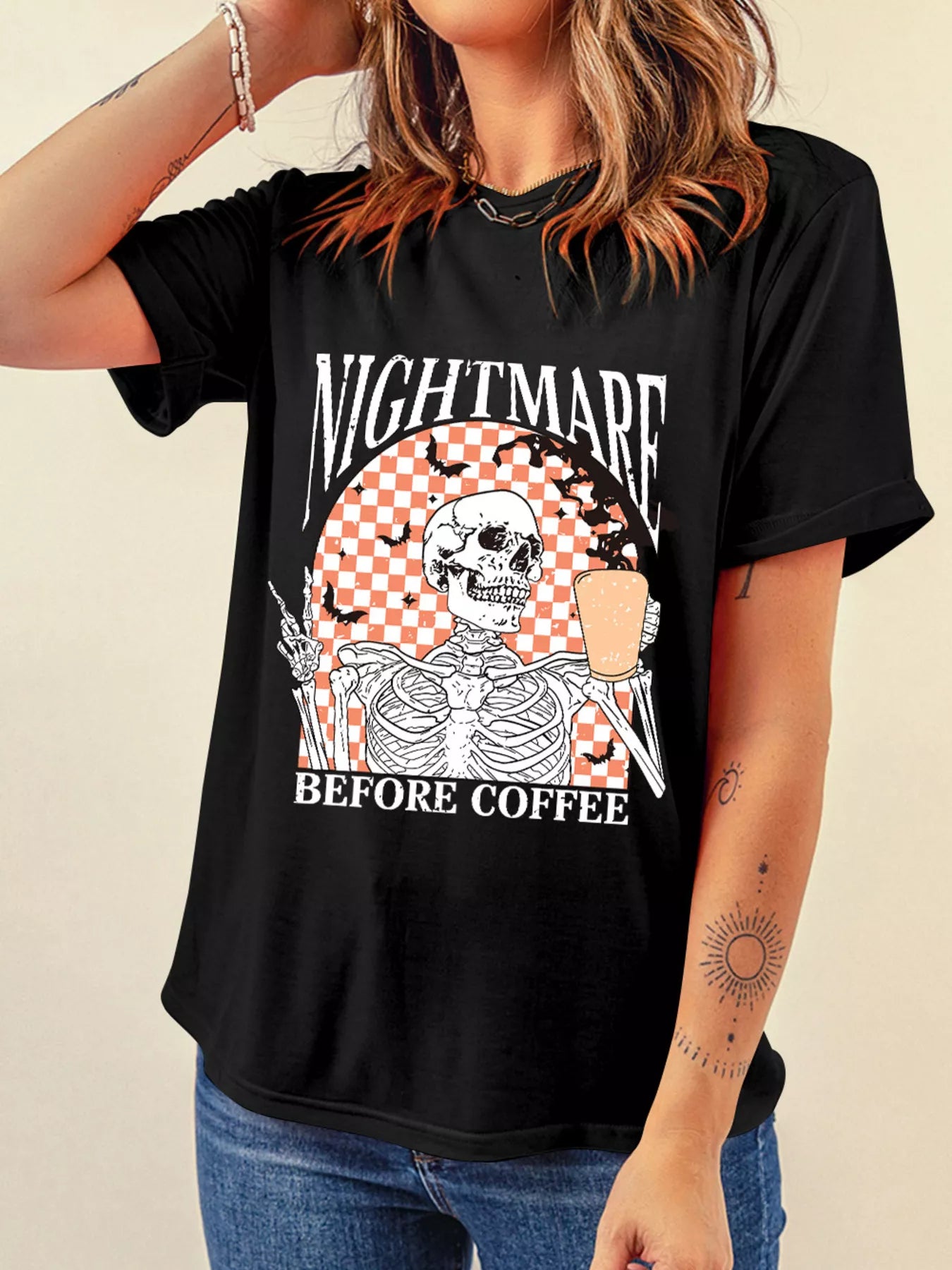 Halloween Skull Checkerboard Graphic Round Neck Tee Black - Fashorio