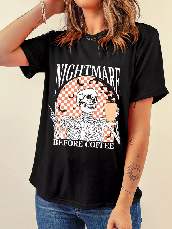 Halloween Skull Checkerboard Graphic Round Neck Tee Black - Fashorio