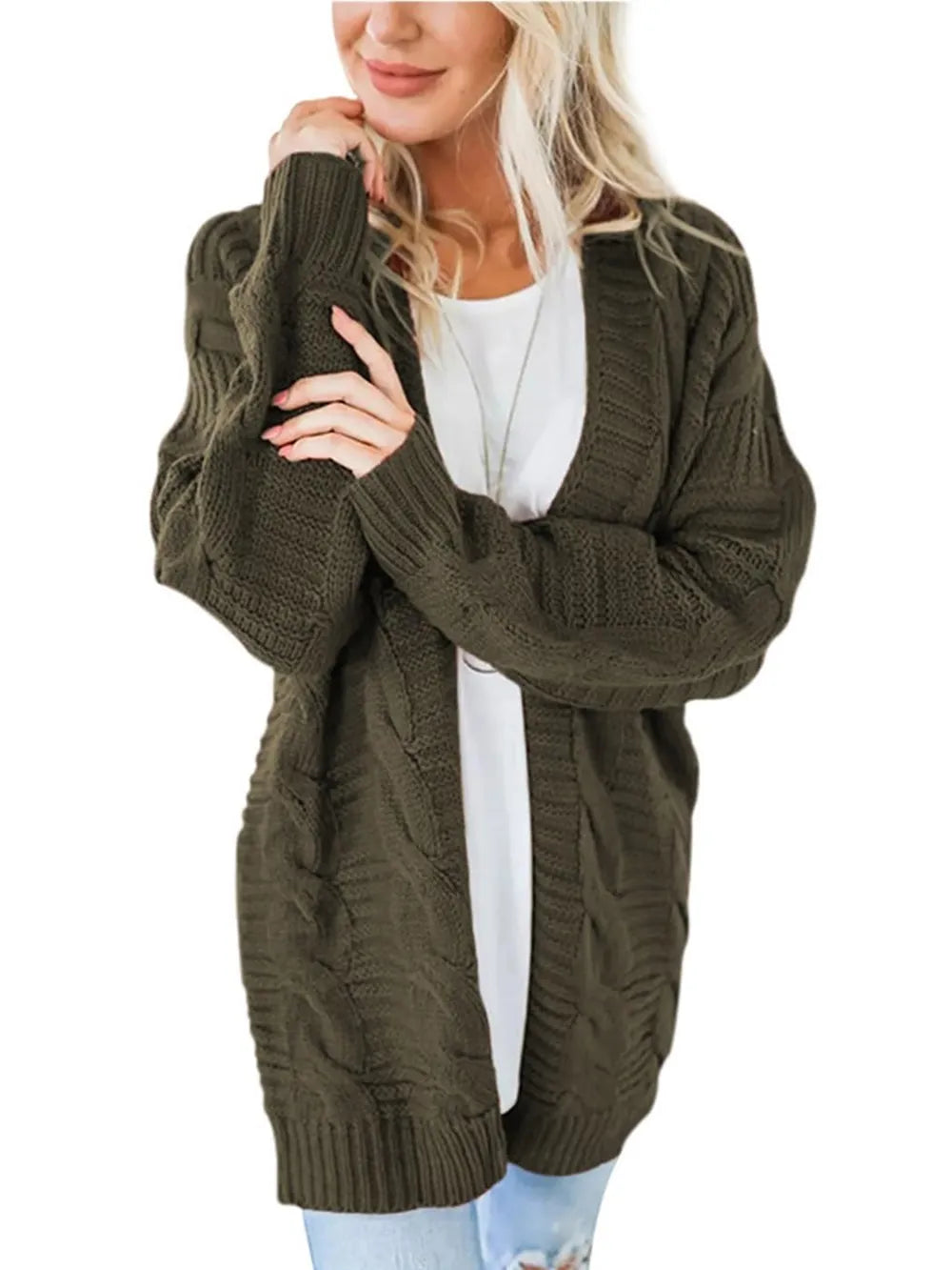 Cable-Knit Open Front Long Sleeve Cardigan - Fashorio