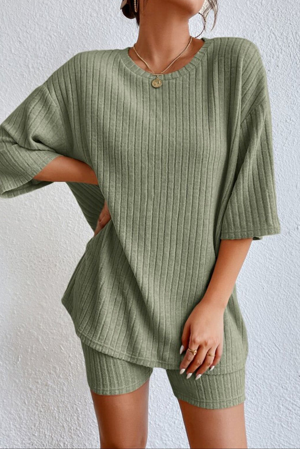 Round Neck Ribbed Top and Shorts Lounge Set - Fashorio