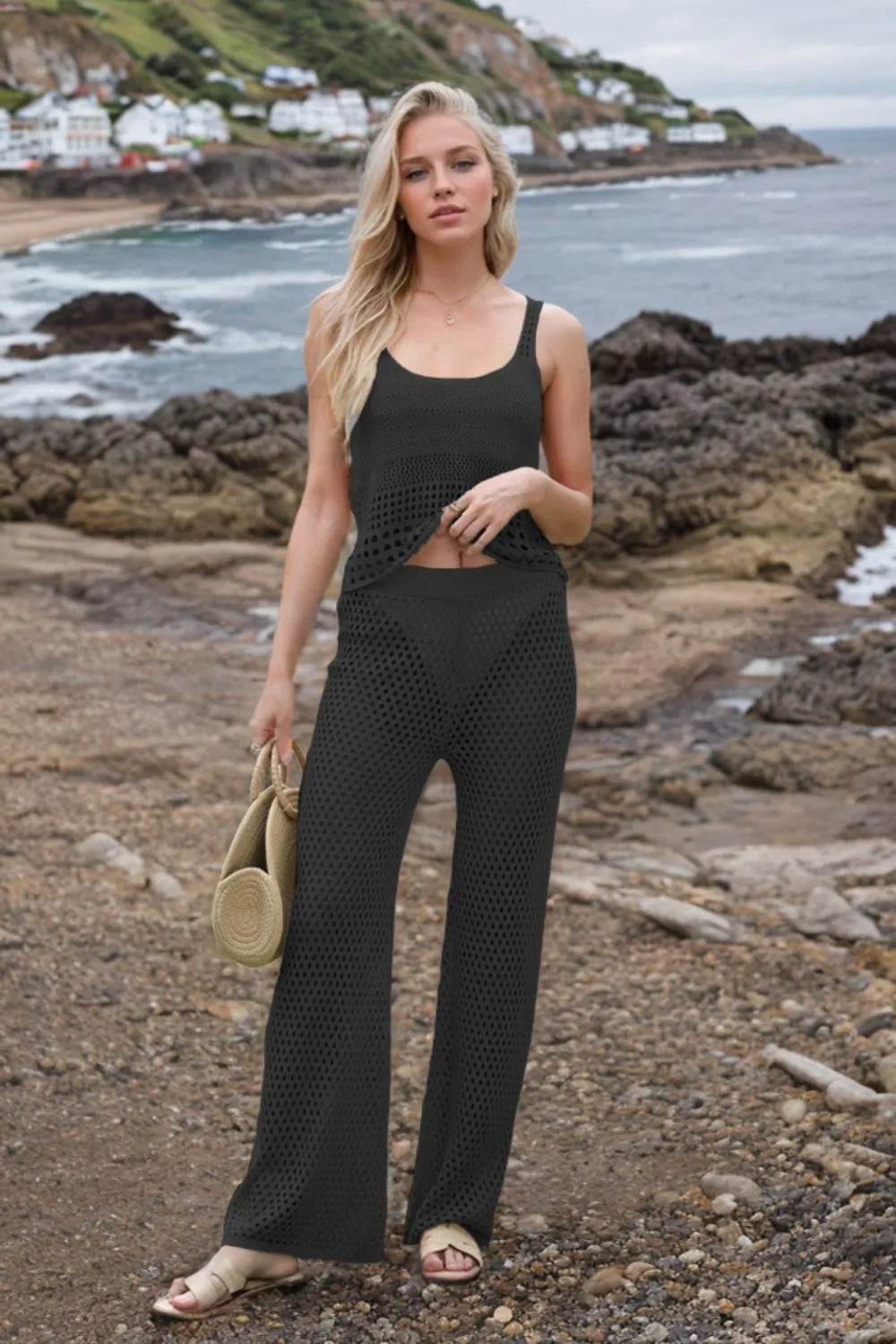 Hollow Out Round Neck Top and Pants Sweater Cover Up Set Black - Fashorio