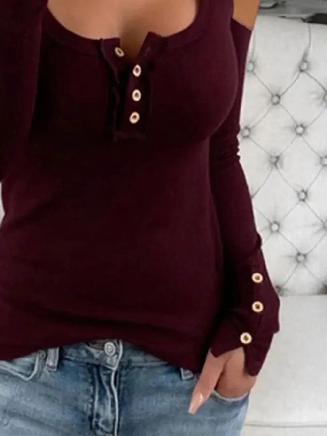 Cold Shoulder Ribbed Henley T-Shirt with Button Detail - Fashorio