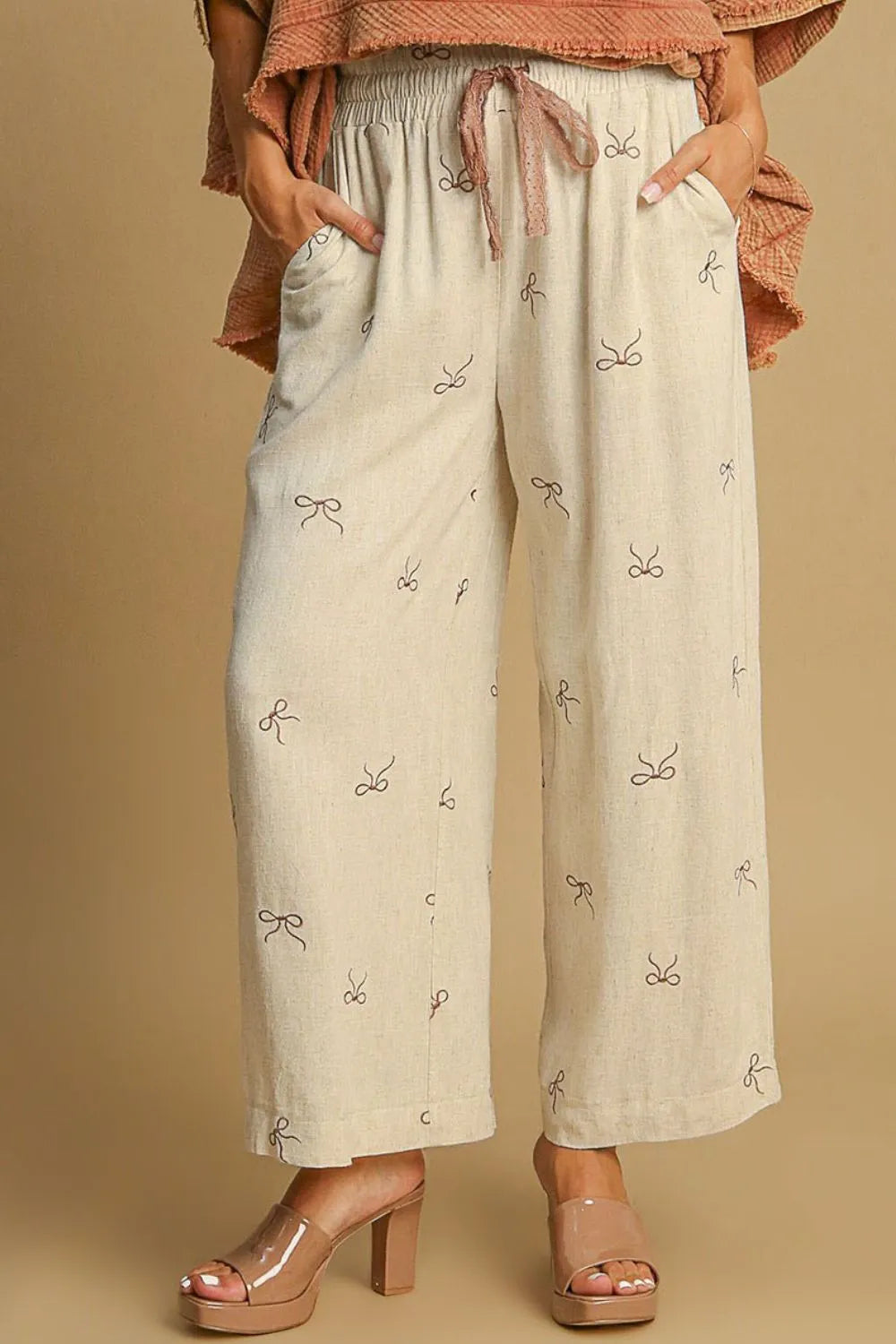Umgee Full Size Lace Drawstring Embroidered Bow Wide Leg Pants Plus Size - Fashorio