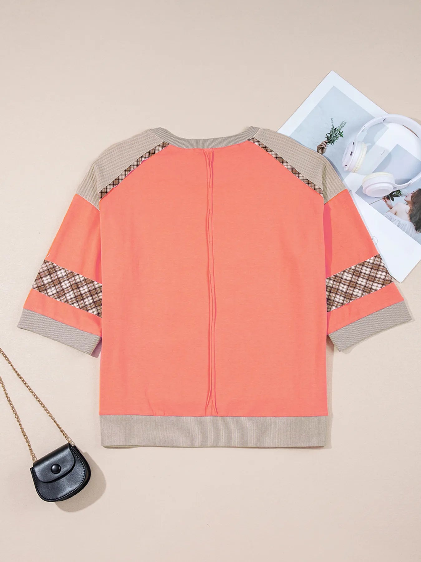 Plaid Waffle Flower Patchwork Contrast Top - Fashorio