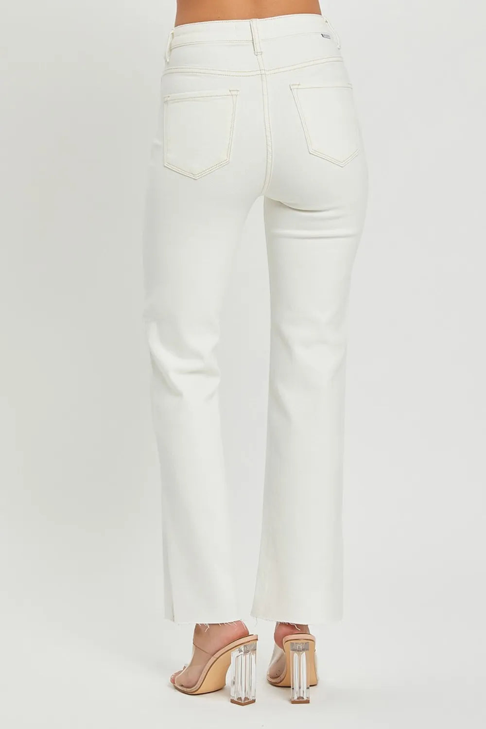 RISEN High Rise Tummy Control Straight Jeans – Raw Hem Denim - Fashorio