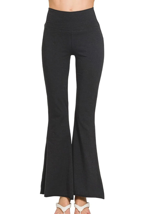 Zenana Raw Edge Hem Flare Yoga Pants BLACK - Fashorio