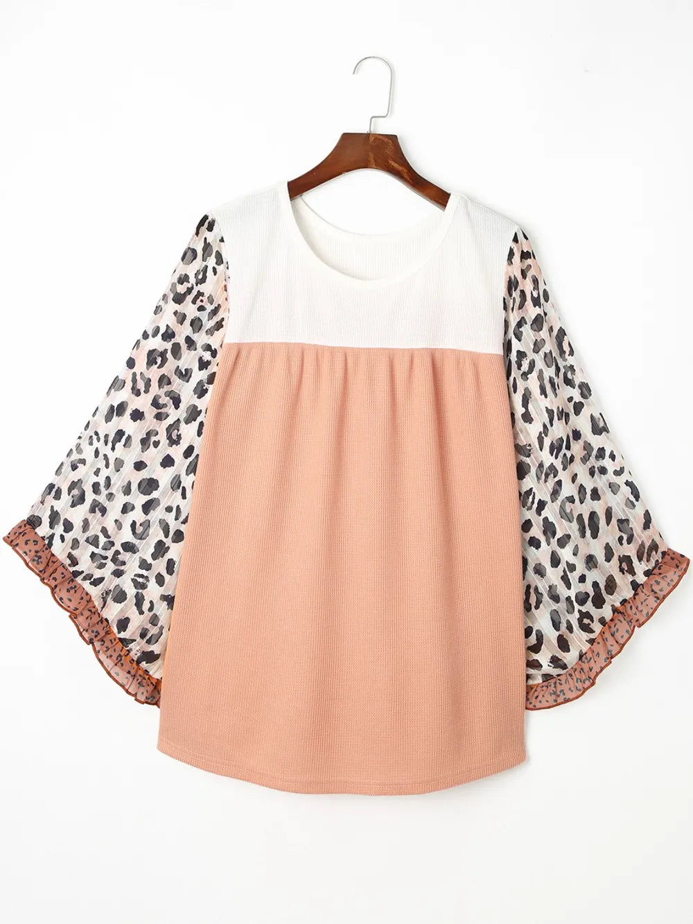 Plus Size Leopard Ruffle Trim Long Sleeve Blouse - Fashorio