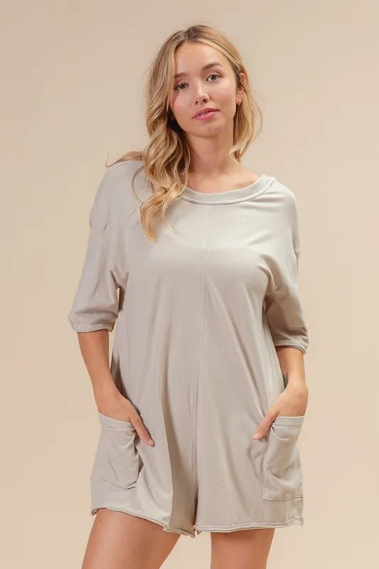 BiBi Short Sleeve Back Open Washed Romper - Fashorio
