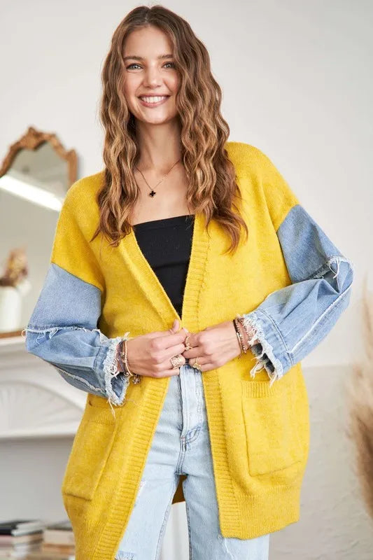 ADORA Full Size Frayed Denim Sleeve Sweater Cardigan Plus Size MUSTARD - Fashorio