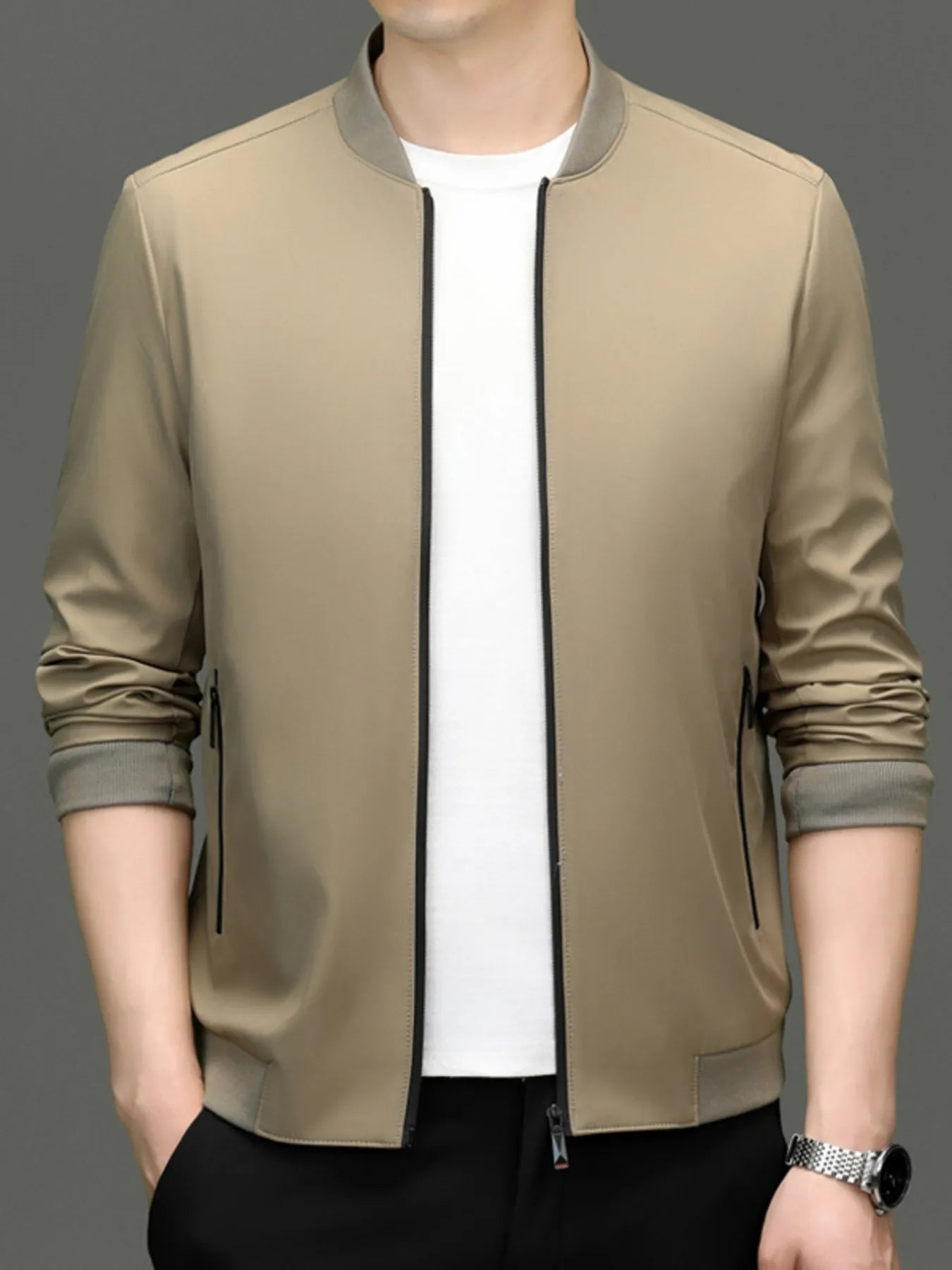 Men's Zip Up Long Sleeve Jacket Khaki - Fashorio