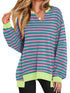 Notched Long Sleeve Oversized Sweatshirt Rose Stripes - Fashorio