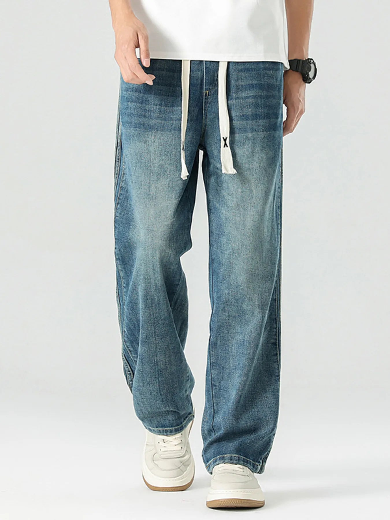 Men's Plus Size Vintage Straight Leg Jeans with Side Stripes - Fashorio