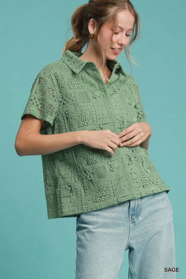 Umgee Patch Lace Short Sleeve Button Down Shirt Sage - Fashorio