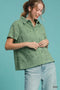 Umgee Patch Lace Short Sleeve Button Down Shirt Sage - Fashorio