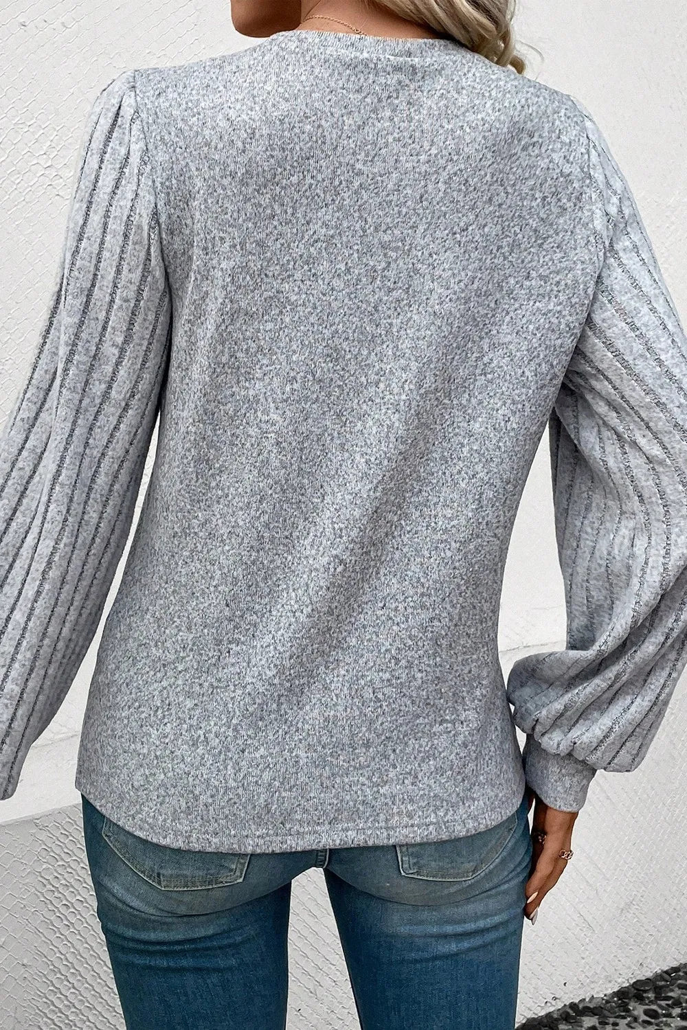 Ribbed Round Neck Long Sleeve Knit Top - Fashorio