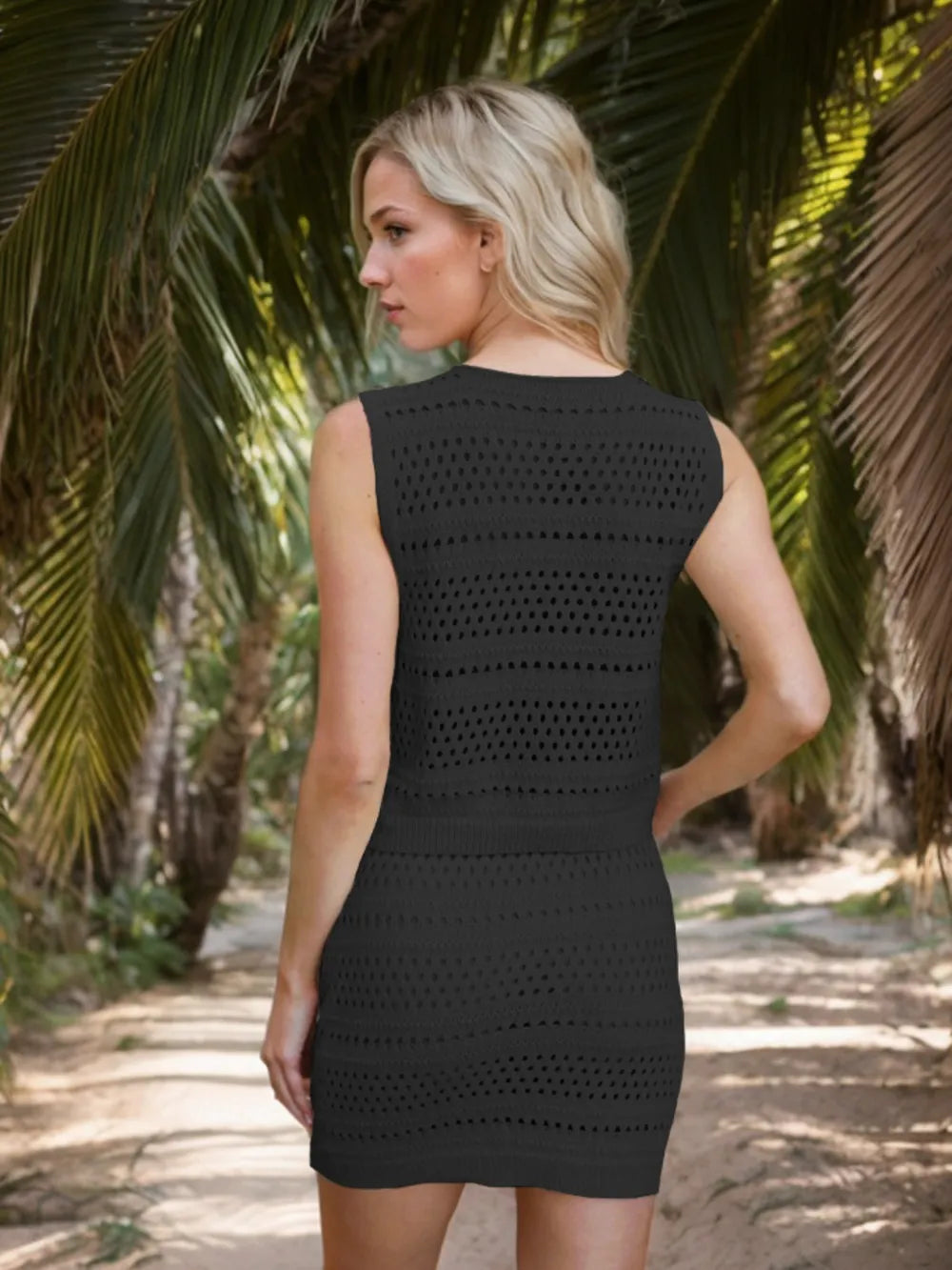 Openwork V-Neck Top and Skirt Knit Cover Up Set - Fashorio