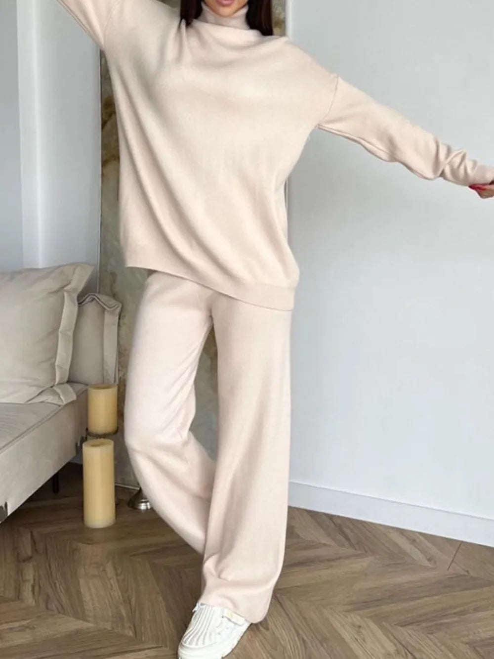 Turtleneck Long Sleeve Top and Drawstring Pants Sweater Set Tan One Size - Fashorio