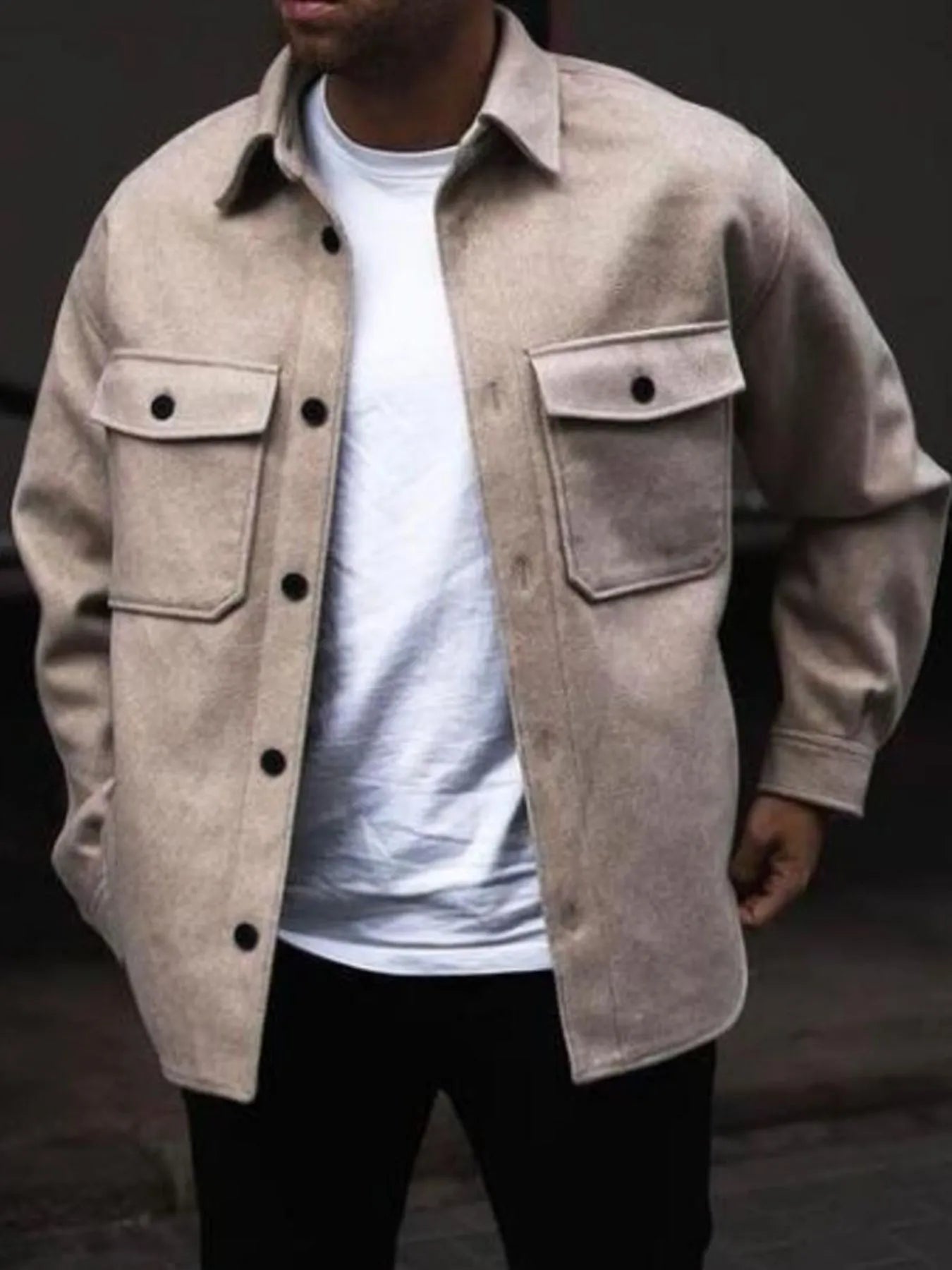 Men's Full Size Button Up Long Sleeve Jacket Plus Size Khaki - Fashorio