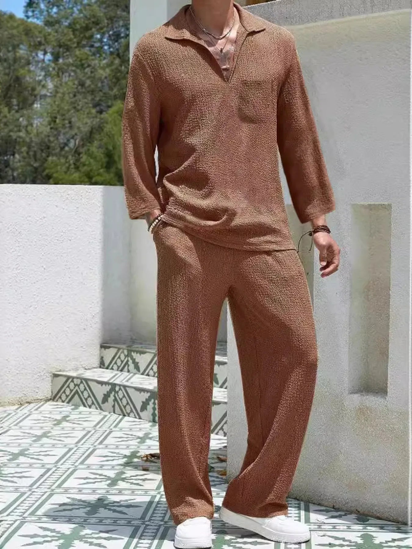 Men's Plus Size Long Sleeve Top and Pants Set Caramel Color - Fashorio