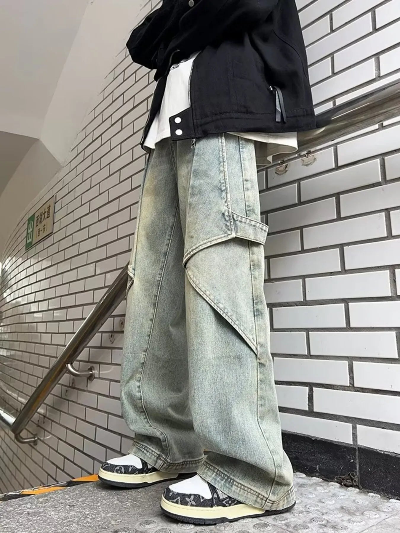 Men's Full Size Washed Wide Leg Baggy Cargo Jeans Plus Size - Fashorio