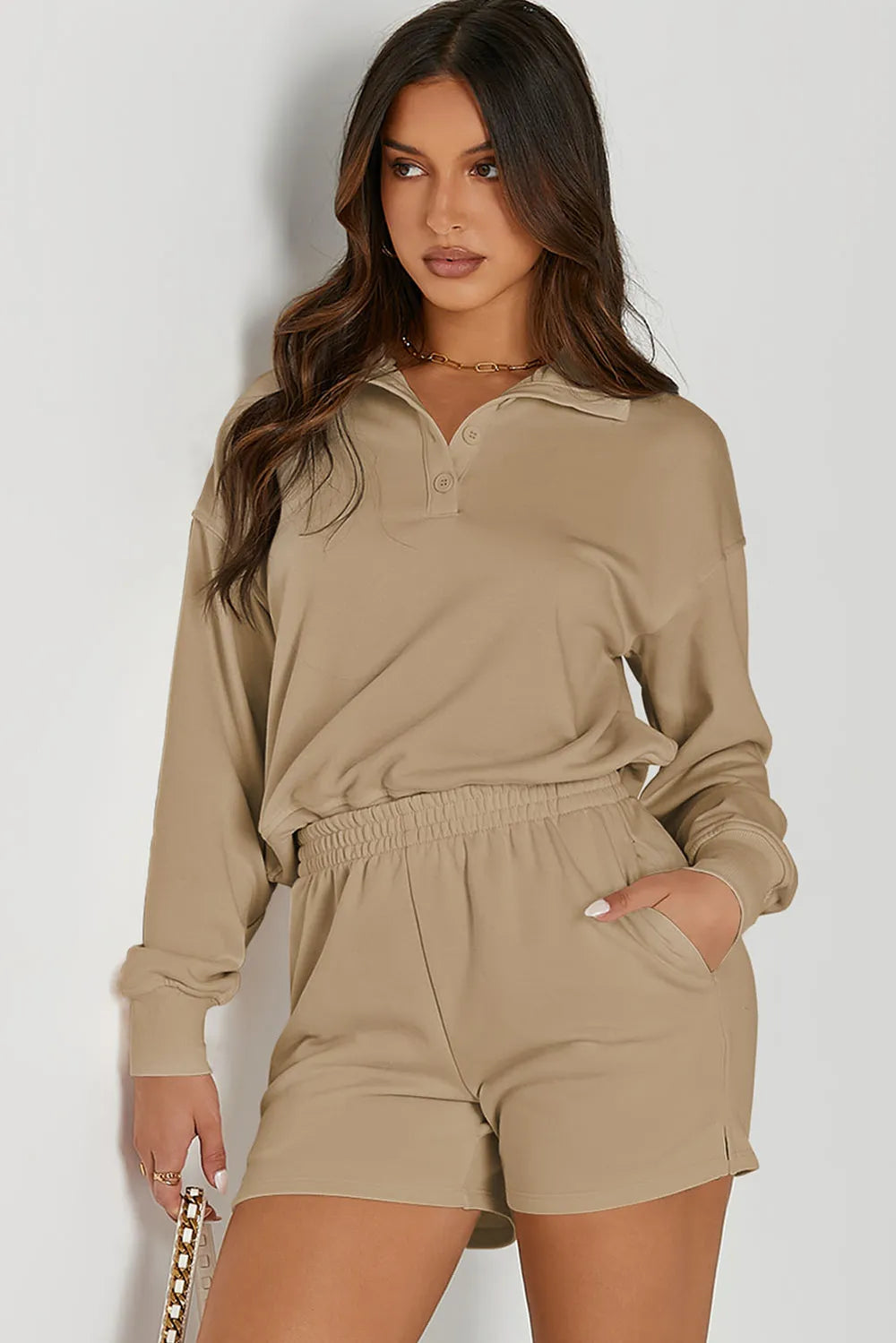 Half Button Sweatshirt and Shorts Active Set - Fashorio