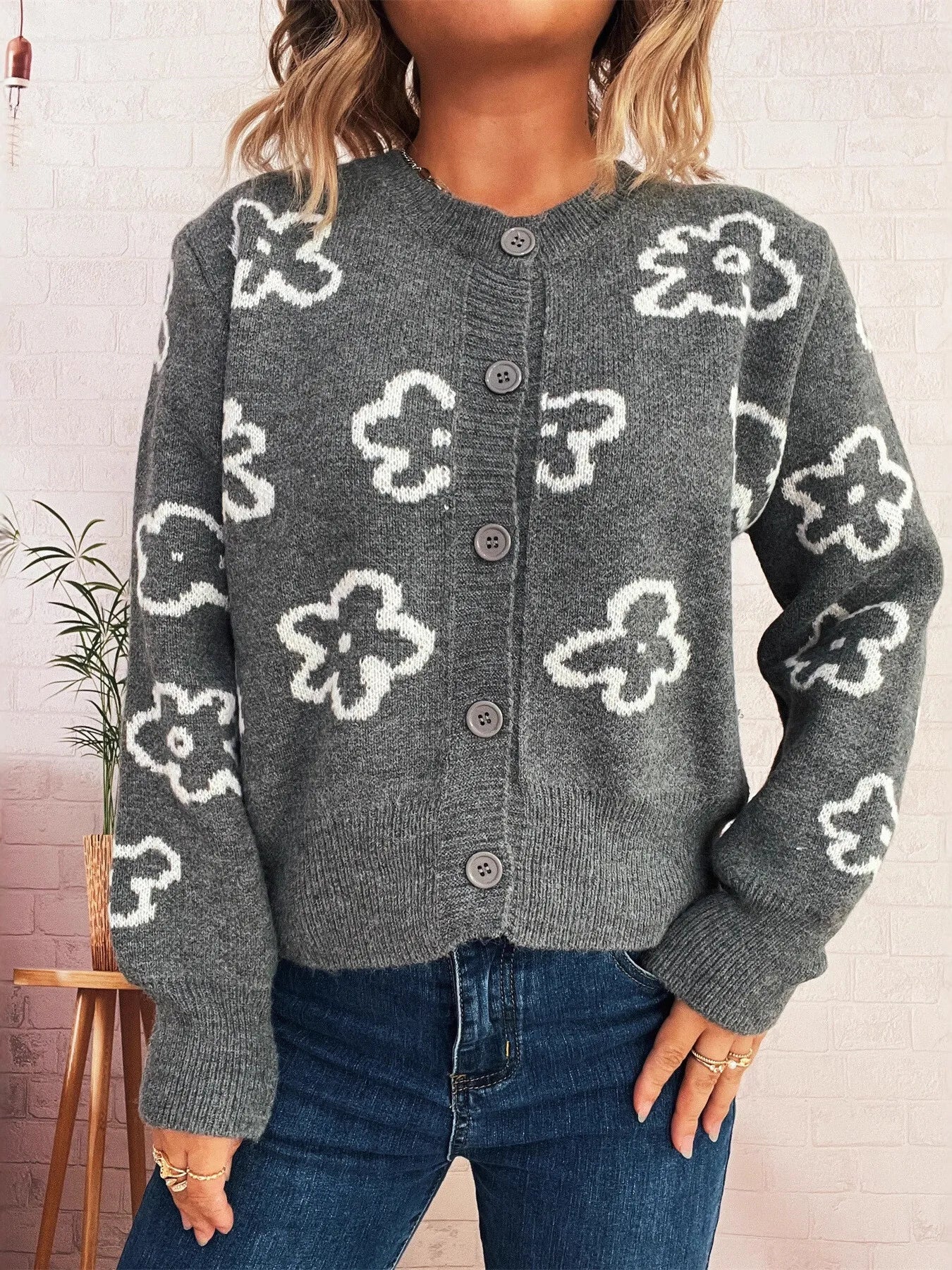 Floral Pattern Button-Up Cardigan Gray One Size - Fashorio