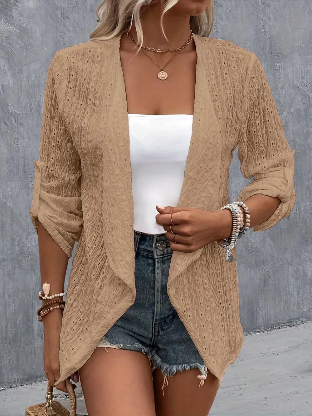 Eyelet Roll-Tab Sleeve Cardigan Camel - Fashorio