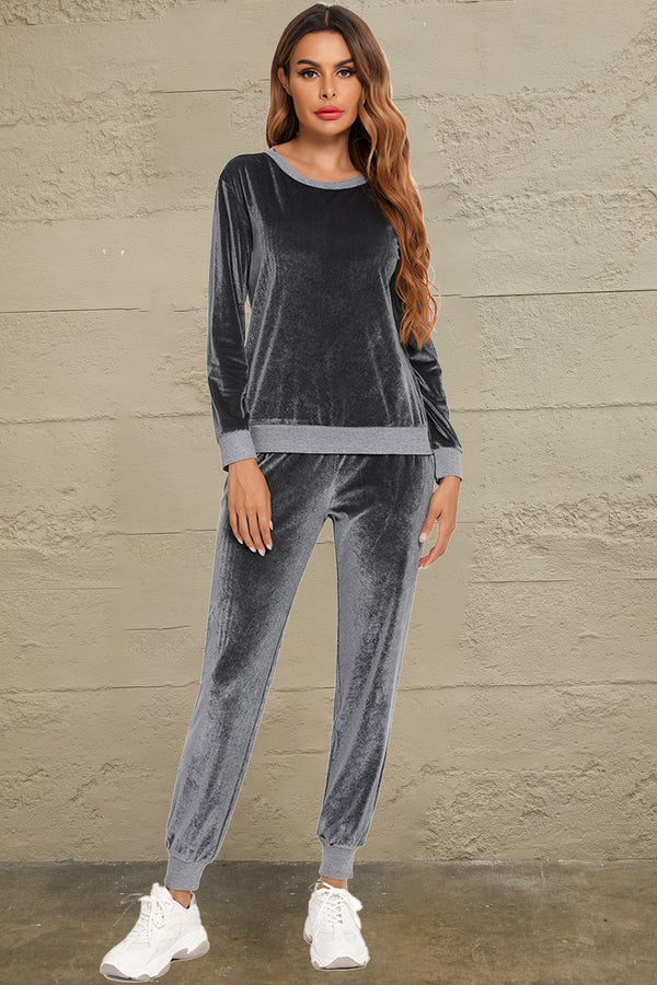 Round Neck Long Sleeve Loungewear Set with Pockets Charcoal - Fashorio