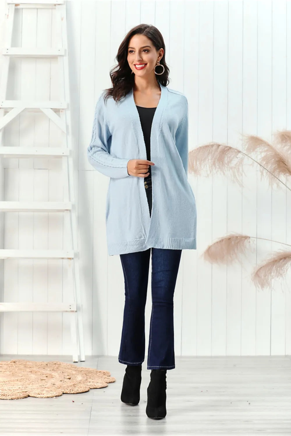 Cable-Knit Open Front Long Sleeve Cardigan - Fashorio