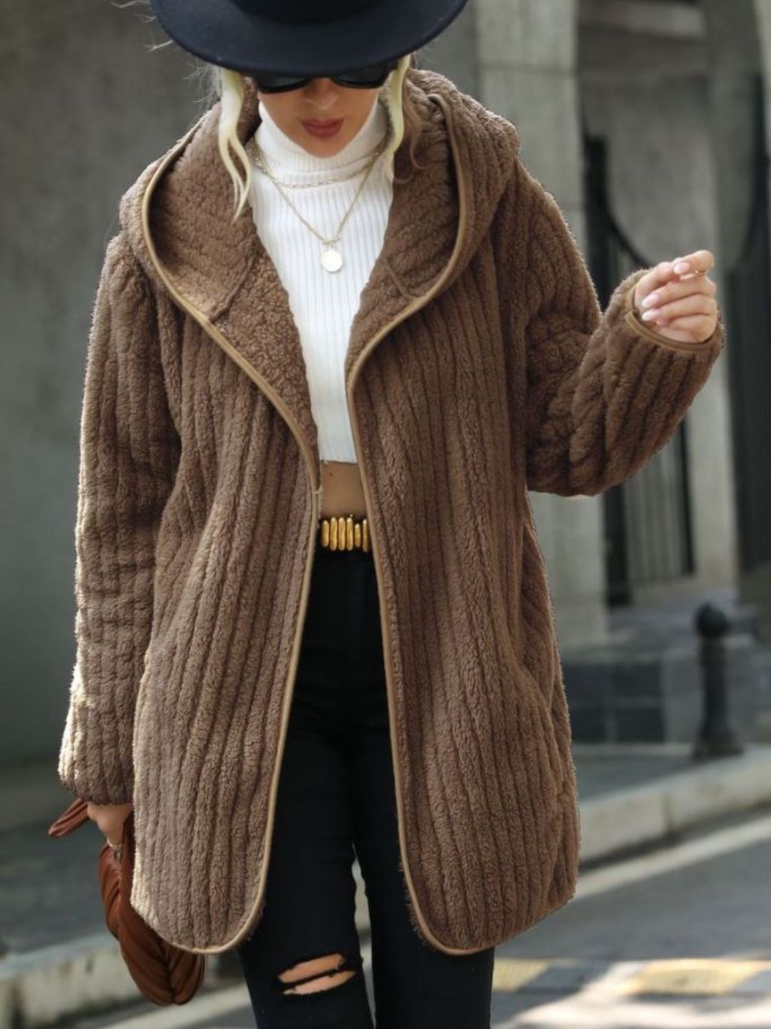 Open Front Ribbed Hooded Coat Taupe - Fashorio