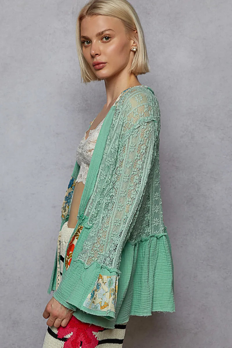 POL Lace Ruffled Hem Open Front Cardigan - Fashorio