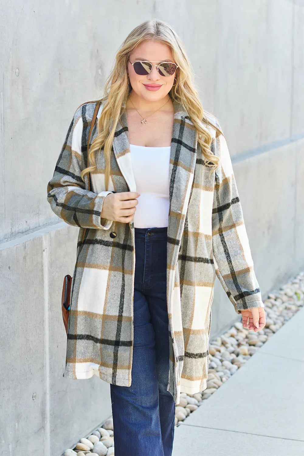 Double Take Full Size Plaid Button Up Lapel Collar Coat - Fashorio