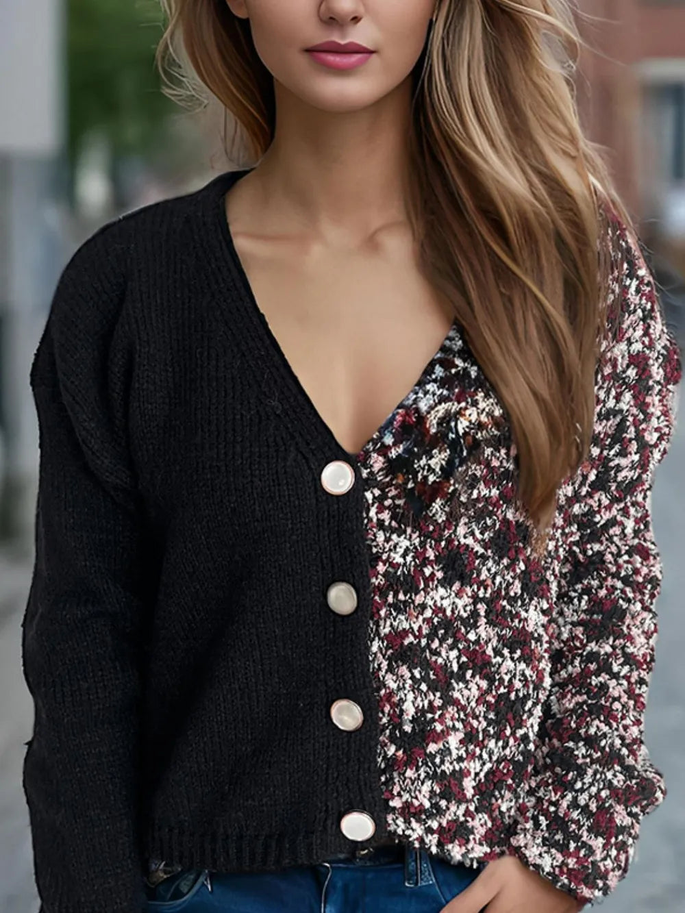 Contrast Button Up V-Neck Cropped Cardigan - Fashorio