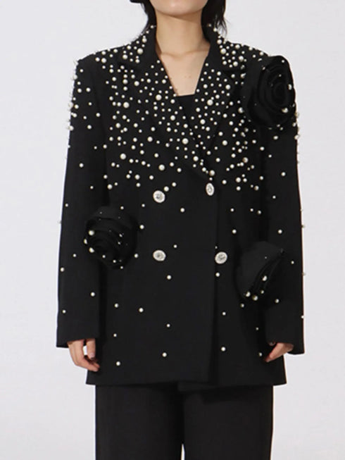 Pearl Embellished Double-Breasted Blazer Black - Fashorio