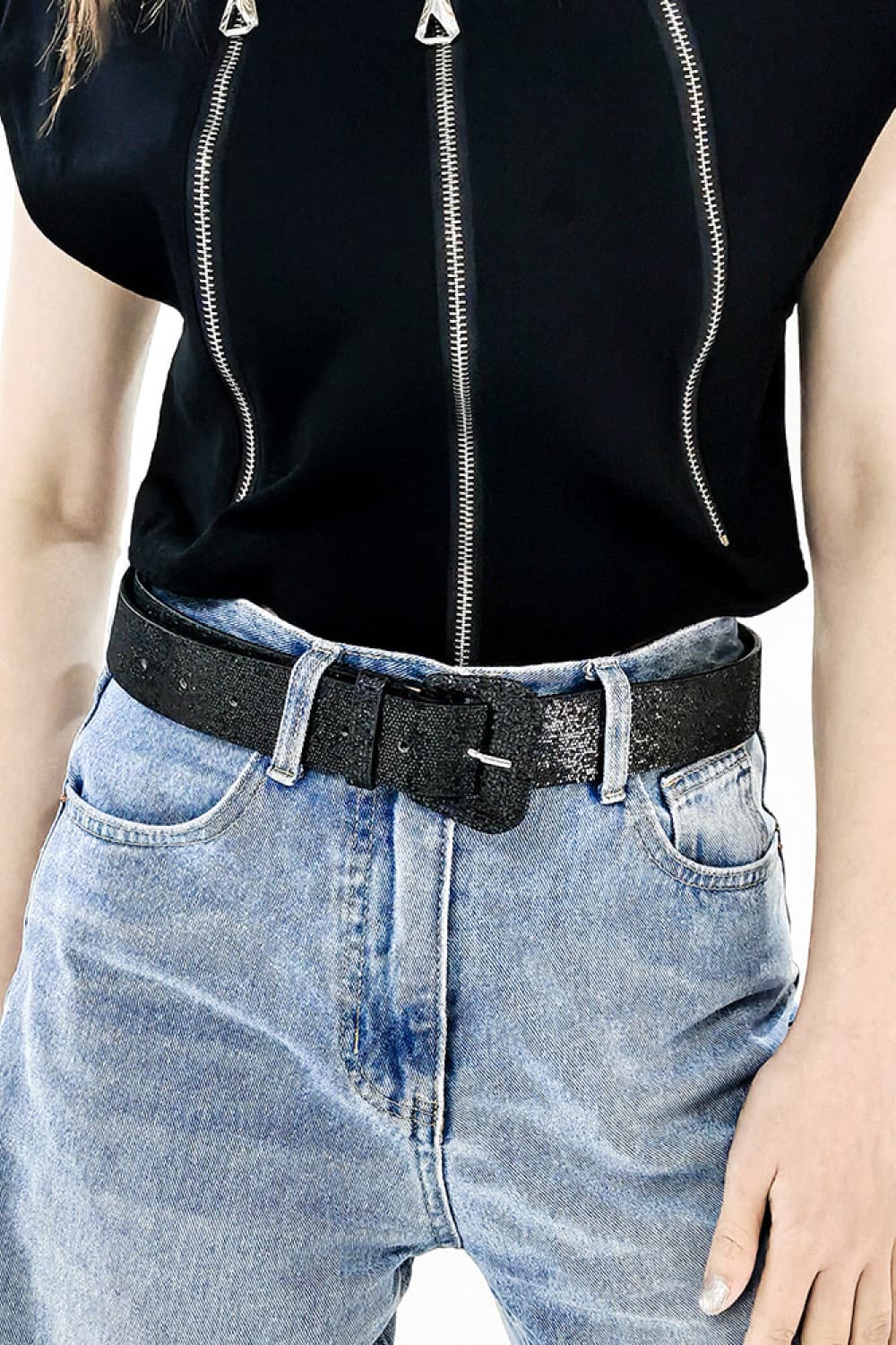 Glitter PU Leather Belt Black One Size - Fashorio