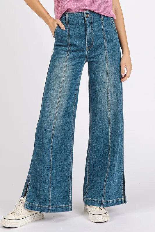 Mittoshop Medium Wash Seam Detail Wide Leg Denim Jeans Medium - Fashorio