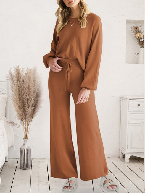 Long Sleeve Lounge Top and Drawstring Pants Set Caramel - Fashorio
