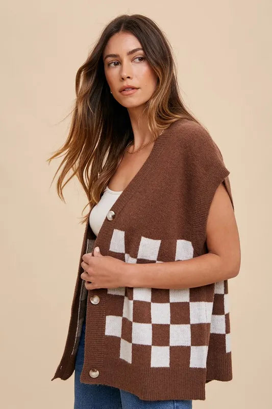 Annie Wear Checkered Button Down Short Sleeve Cardigan - Fashorio