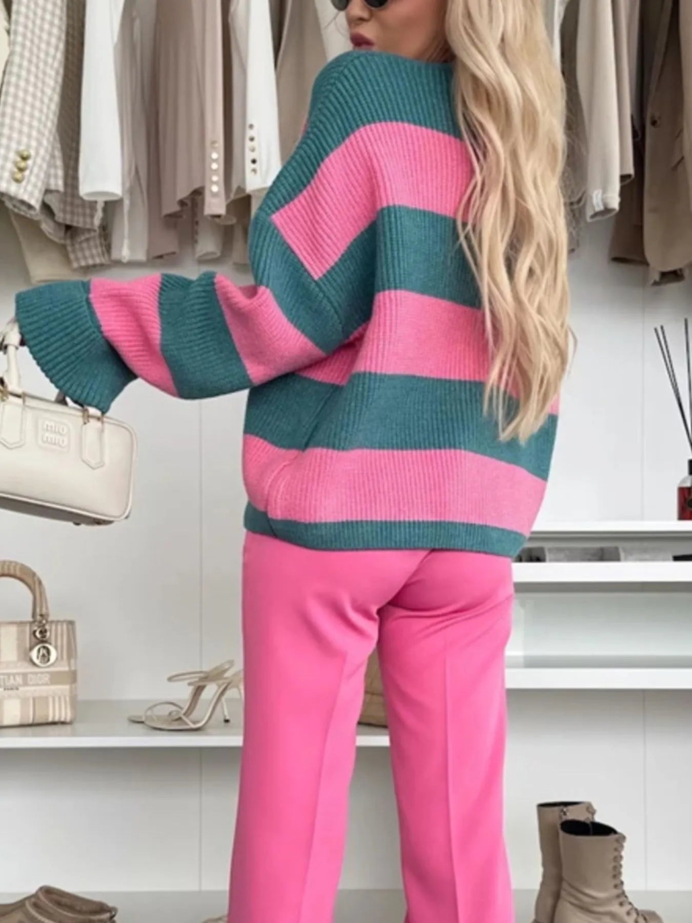 Color Block Striped V-Neck Button Front Cardigan - Fashorio