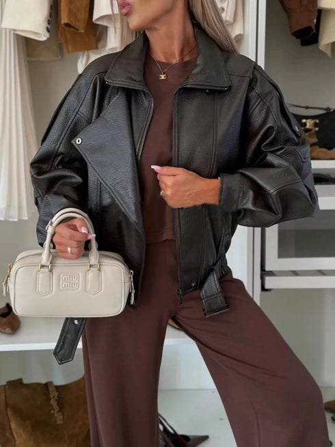 Leather Zip Up Jacket – Buttoned Faux Leather Outerwear - Fashorio