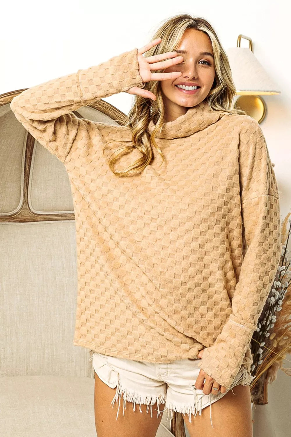 BiBi Checkered Round Neck Thumbhole Long Sleeve Top - Fashorio