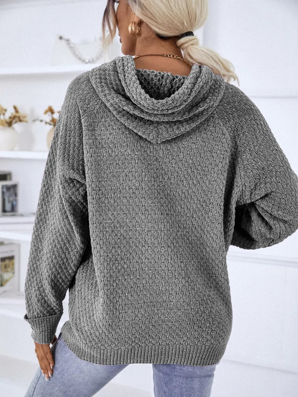 Texture Drawstring Long Sleeve Hooded Sweater - Fashorio
