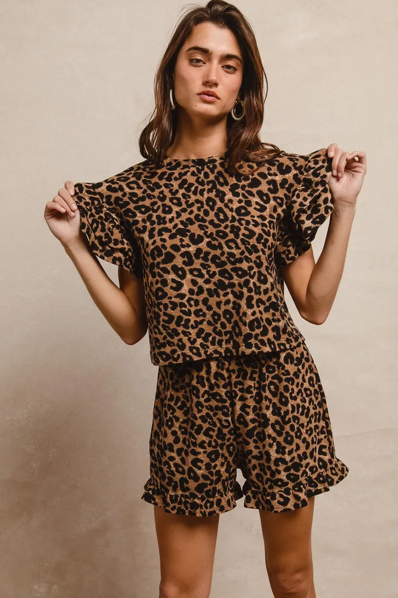 BiBi Leopard Print Waffle Texture Layered Ruffle Sleeve Top and Shorts Set - Fashorio