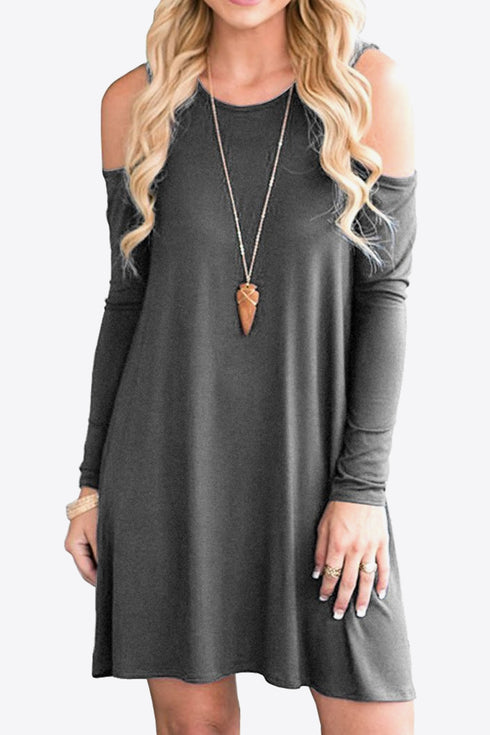 Cold-Shoulder Long Sleeve Mini Dress – Casual Round Neck Style Mid gray - Fashorio