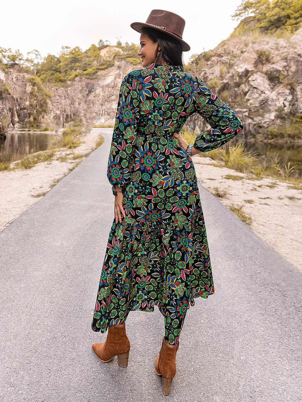 Printed Notched Neck Maxi Dress - Fashorio