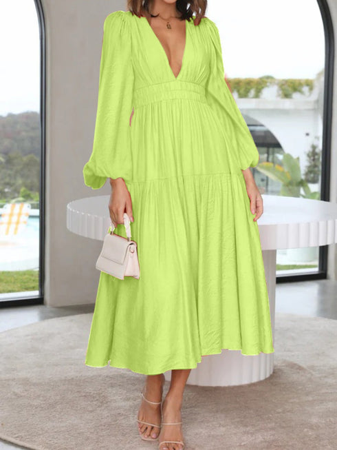 Deep V-Neck Balloon Sleeve Plain Maxi Dress Mint Green - Fashorio