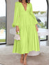 Deep V-Neck Balloon Sleeve Plain Maxi Dress Mint Green - Fashorio