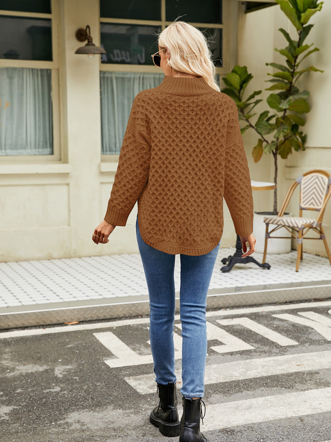 Mock Neck Slit Sweater - Fashorio