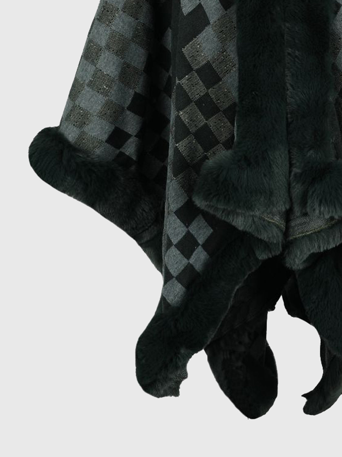 Checkered Faux Fur Trim Poncho - Fashorio